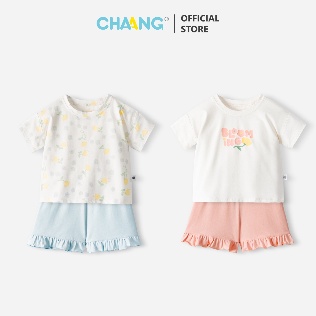 [CHAANG 24M-7Y] Bộ quần áo cộc tay cổ tròn quần bèo nhún Bloom cho bé gái