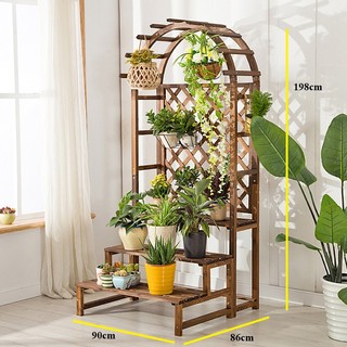 Kệ gỗ trang trí nhà cửa ban công sân vườn, kệ gỗ mái vòm vách mắt cáo treo chậu cây, kệ cây cảnh ban công decor vườn