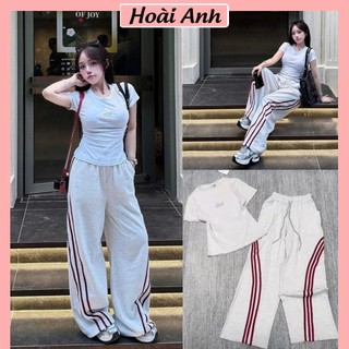 Set Bộ Đồ Thể Thao Nữ Bad Xám Sọc Đỏ Áo Thun Zip Thêu Bad Mix Quần Suông Dài Ống Rộng Phối Sọc Đỏ Freesize