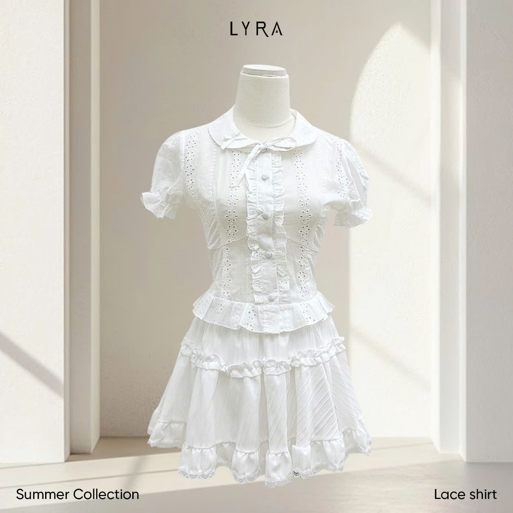 Ảnh LYRA - Áo sơ mi ngắn tay thiết kế, Áo kiểu nữ cổ nơ viền ren chất thô boi trẻ trung kiểu Hàn - LWNAO021 2