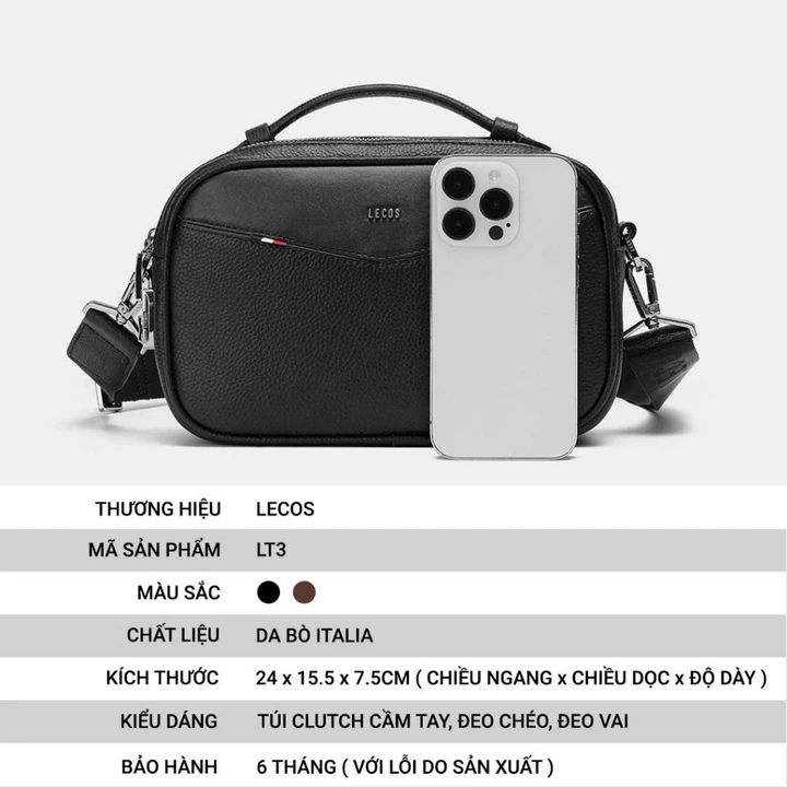 Túi clutch nam cao cấp LECOS LT3 da bò thật, túi đeo đeo chéo đeo vai cầm tay đa năng