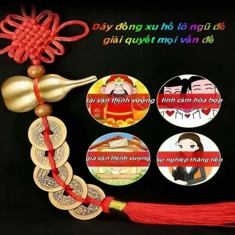 Dây Xu Ngũ Đế Hồ Lô Treo Phong Thuỷ May Mắn Bình An, Treo Phòng, Trang Trí