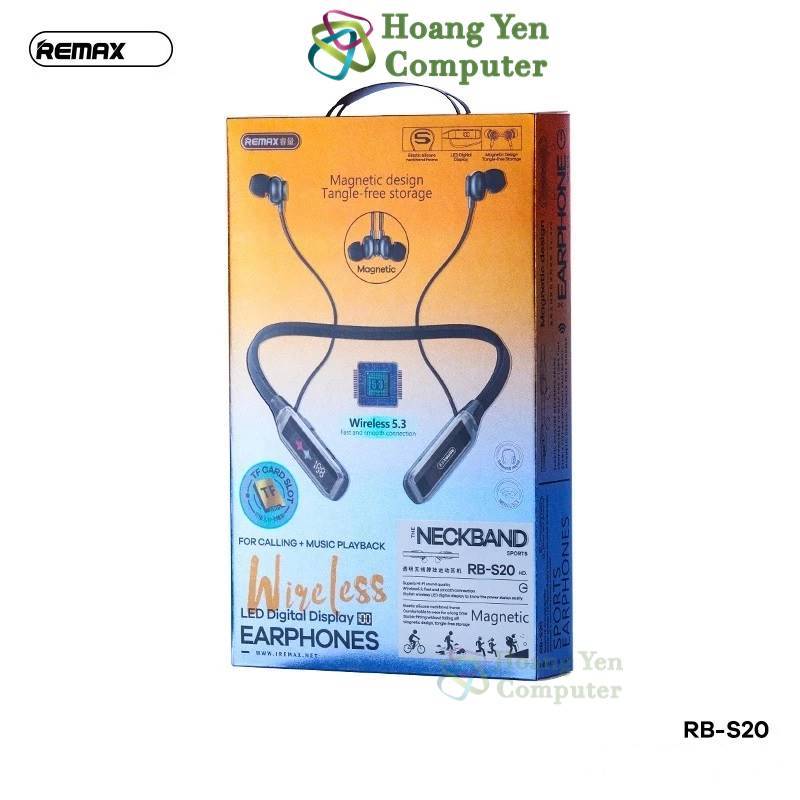 Tai Nghe Bluetooth Remax RB-S20 V5.3 - Màn Hình Led, Khe Thẻ Nhớ TF, Đầu Nam Châm - BH 1 Năm - Hoàng Yến Computer
