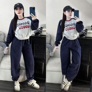 Set Bộ Đồ Nữ Nỉ 2 Da Phối Màu Viền Cổ Bo Len Chun Tay In Chữ ORANGE Mix Quần Suông Ống Rộng Bo Chun Gấu Freesize