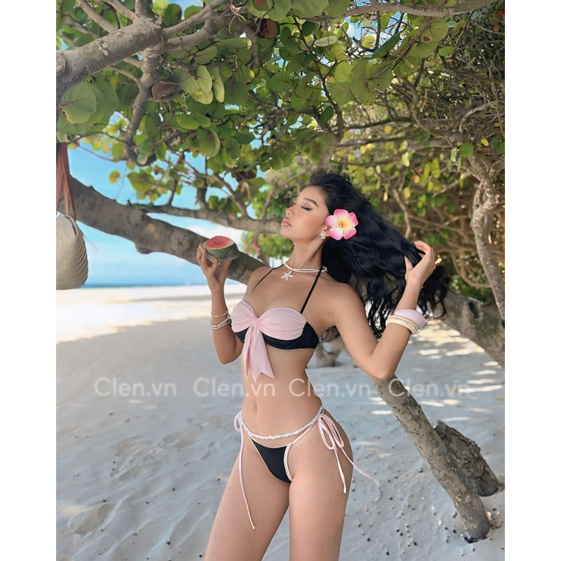 Set bikini 2 mảnh thắt nơ, phối màu đen hồng - Mẫu mới 2025