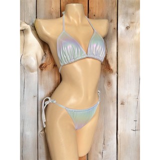Bikini 2 mảnh, bộ đồ bơi nữ màu ánh bạc có đệm ngực, dây buộc điều chỉnh, quần nhỏ hàng VNXK cao cấp