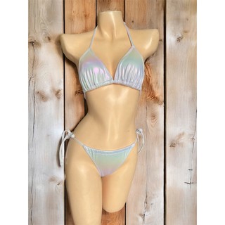 Bikini 2 mảnh, bộ đồ bơi nữ màu ánh bạc có đệm ngực, dây buộc điều chỉnh, quần nhỏ hàng VNXK cao cấp