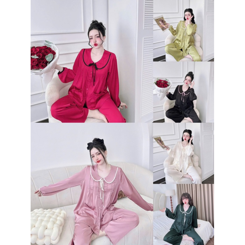 45-65kg Bộ pijama cổ sen cột nơ xếp ly ngực tiểu thư dễ thương