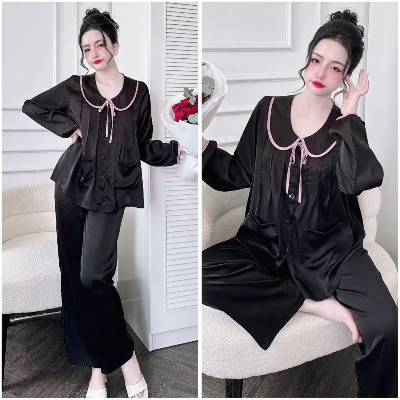 45-65kg Bộ pijama cổ sen cột nơ xếp ly ngực tiểu thư dễ thương