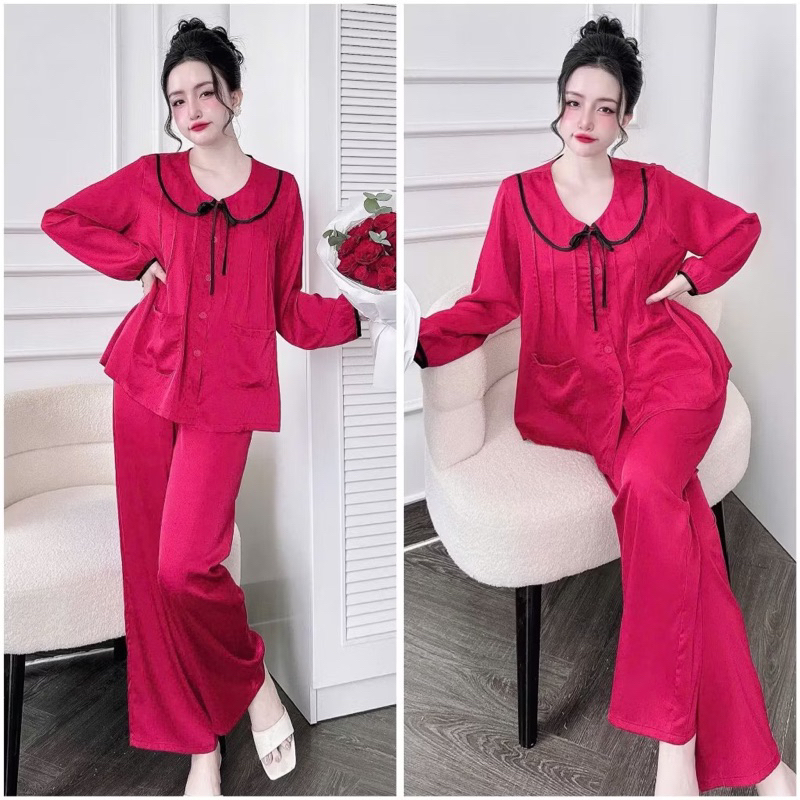 45-65kg Bộ pijama cổ sen cột nơ xếp ly ngực tiểu thư dễ thương