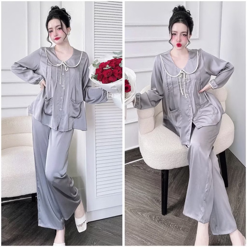 45-65kg Bộ pijama cổ sen cột nơ xếp ly ngực tiểu thư dễ thương