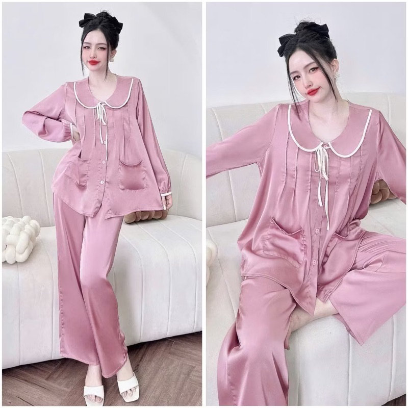 45-65kg Bộ pijama cổ sen cột nơ xếp ly ngực tiểu thư dễ thương