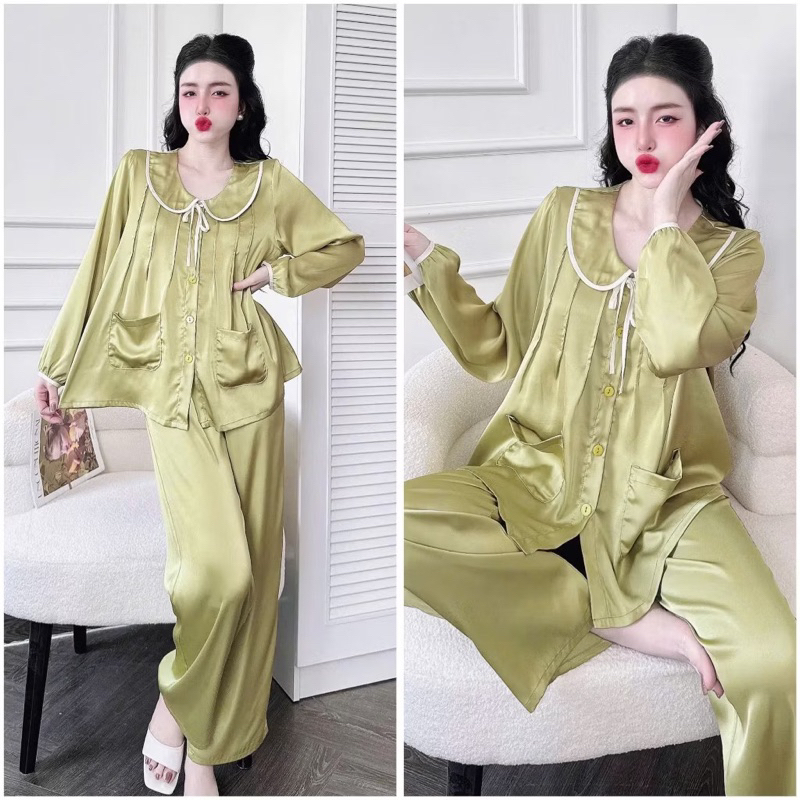 45-65kg Bộ pijama cổ sen cột nơ xếp ly ngực tiểu thư dễ thương