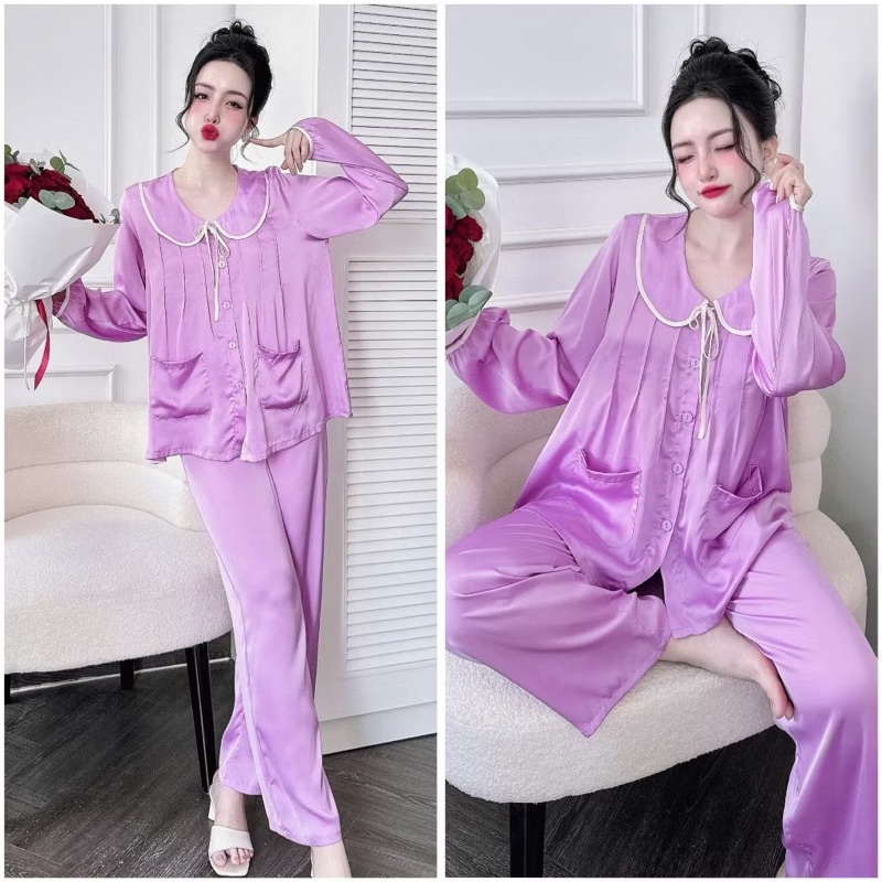 45-65kg Bộ pijama cổ sen cột nơ xếp ly ngực tiểu thư dễ thương