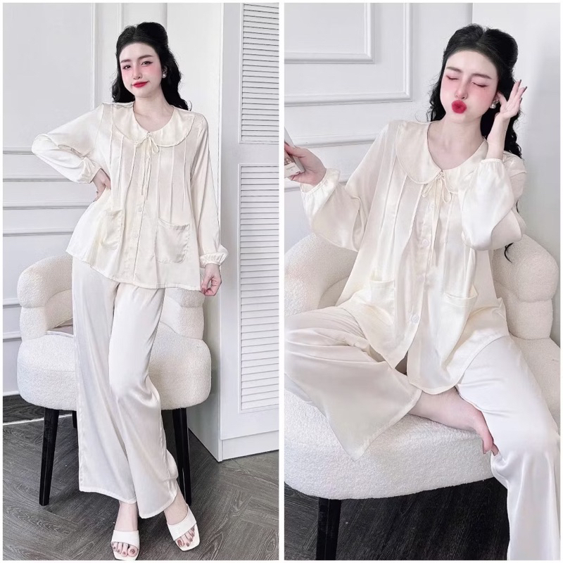 45-65kg Bộ pijama cổ sen cột nơ xếp ly ngực tiểu thư dễ thương