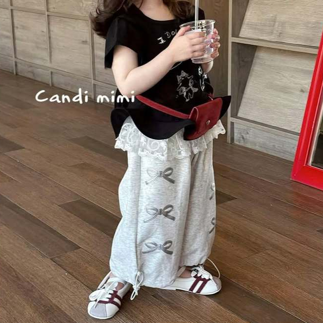 CANDI MIMI Áo cotton xám nhạt đính nơ ngắn tay gấu xoè - Phong cách Hàn Quốc
