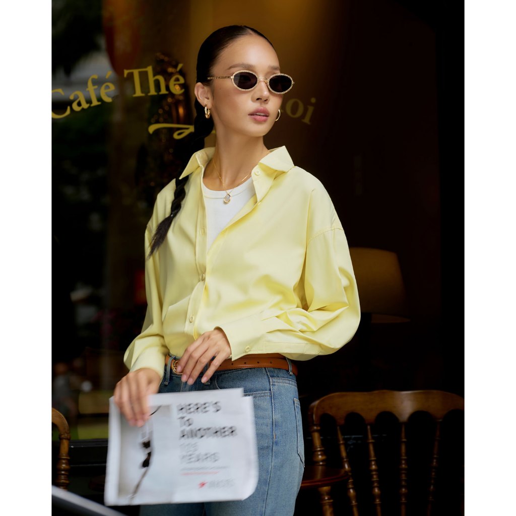 Ảnh Áo sơ mi nữ GILLEE dáng oversized, sơ mi form rộng vải kate lụa thanh lịch tone vàng 4
