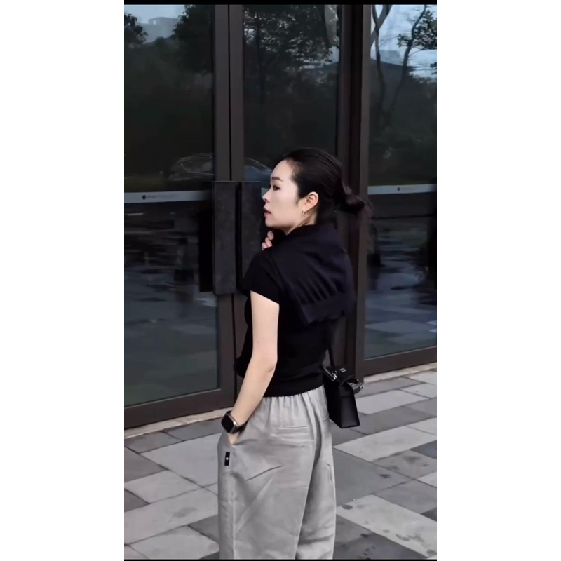 Set quần suông nữ rút dây túi trước mix áo thun đen cotton cao cấp đứng fom phong cách đường phố New Hot 2025