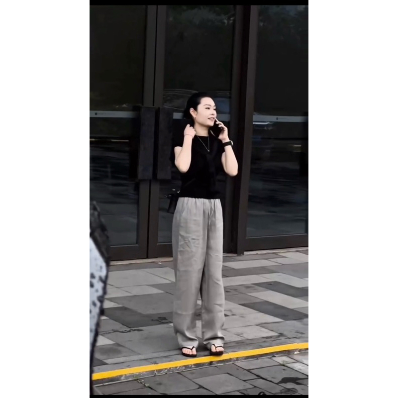 Set quần suông nữ rút dây túi trước mix áo thun đen cotton cao cấp đứng fom phong cách đường phố New Hot 2025