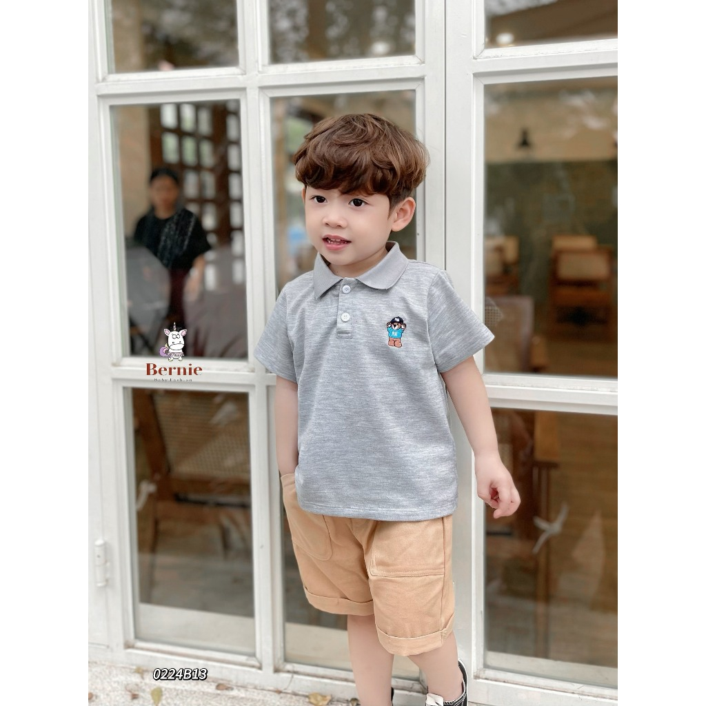 (HÃNG BERNIE) Set bộ polo tay cộc  thêu hình chó cứu hộ, chất cotton co giãn mềm mát cho bé đi chơi đi học