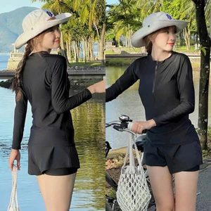 Đồ bơi áo dài kín đáo giữ nhiệt tốt dành cho nữ áo phối dây kéo có sẵn mút ngực kèm quần đùi 2 lop