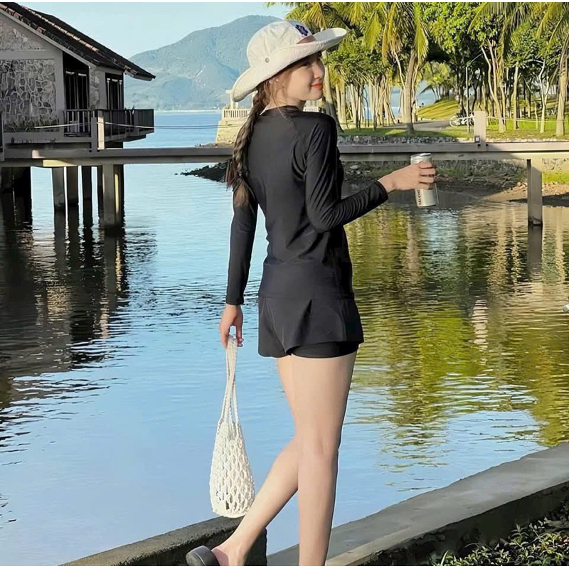 Đồ bơi áo dài kín đáo giữ nhiệt tốt dành cho nữ áo phối dây kéo có sẵn mút ngực kèm quần đùi 2 lop