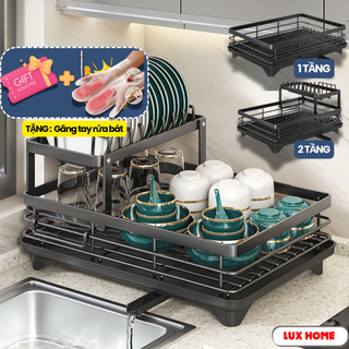 Kệ Để Chén Bát Đĩa Thép Carbon, Kệ Để Đồ Nhà Bếp 2 Tầng Thông Minh Có Khay Hứng Nước Đa Năng
