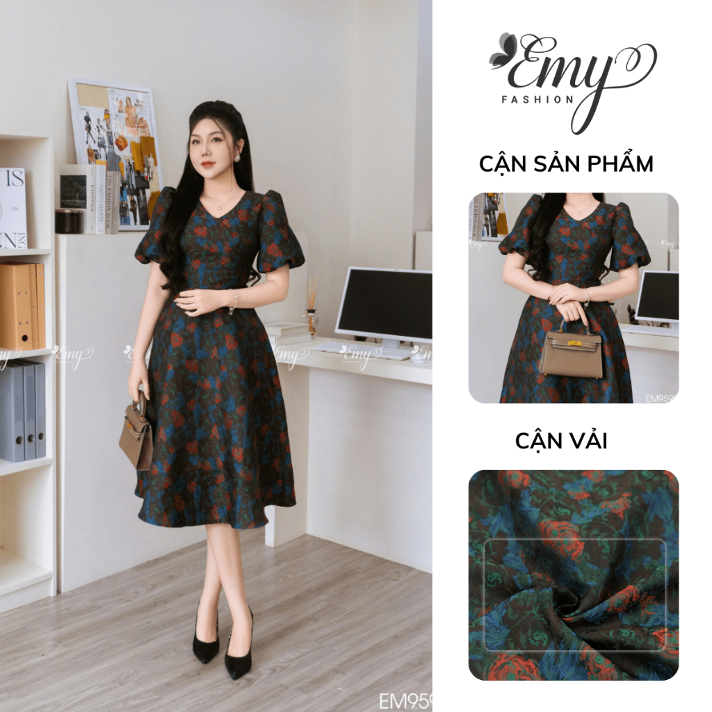 Ảnh Đầm Thiết Kế EMY Thời Trang Cao Cấp EM9590 Vải Tafta 3D Nền Đen Hoa Đỏ Sang Chảnh Đi Tiệc 3