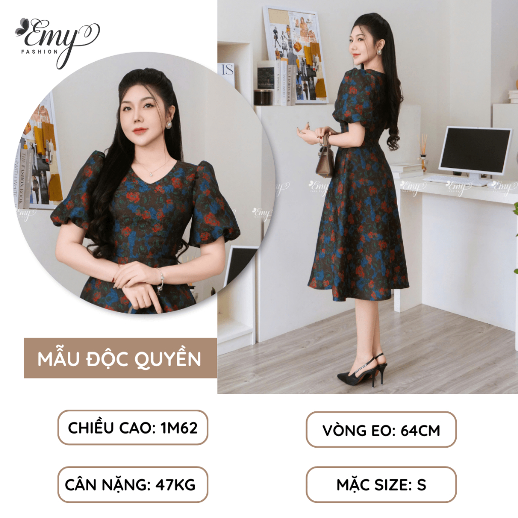Ảnh Đầm Thiết Kế EMY Thời Trang Cao Cấp EM9590 Vải Tafta 3D Nền Đen Hoa Đỏ Sang Chảnh Đi Tiệc 2