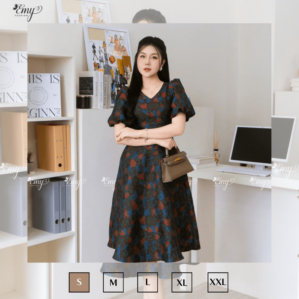 Ảnh Đầm Thiết Kế EMY Thời Trang Cao Cấp EM9590 Vải Tafta 3D Nền Đen Hoa Đỏ Sang Chảnh Đi Tiệc 4