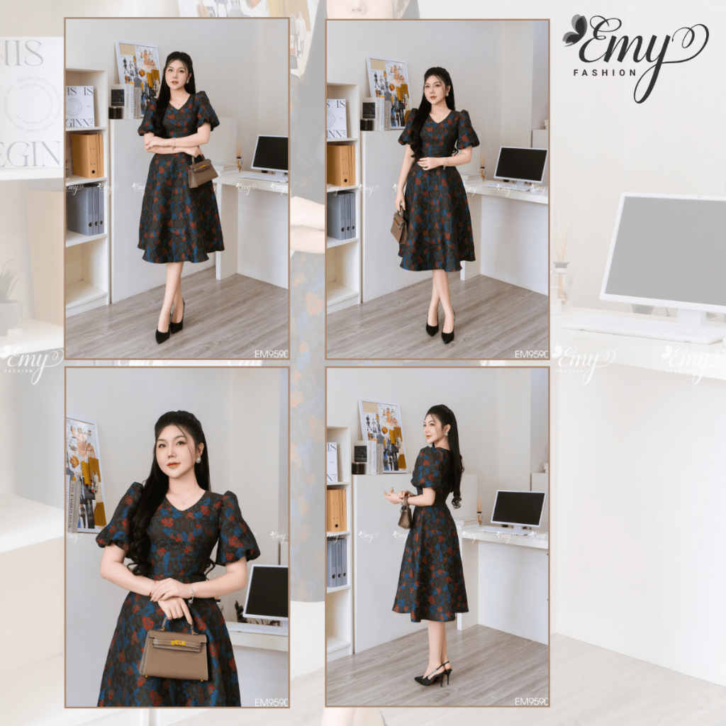Ảnh Đầm Thiết Kế EMY Thời Trang Cao Cấp EM9590 Vải Tafta 3D Nền Đen Hoa Đỏ Sang Chảnh Đi Tiệc 1