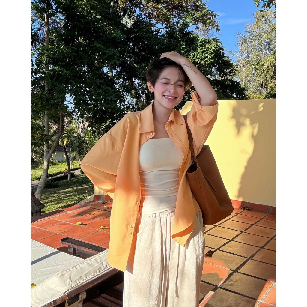 Ảnh Áo sơ mi nữ GILLEE dáng oversized, sơ mi form rộng vải kate lụa thanh lịch tone cam 3