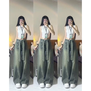 Quần bò jeans nữ ống suông cạp cao siêu hack chân siêu tôn dáng