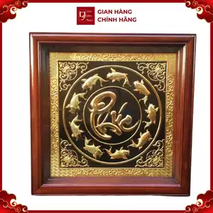 Tranh Đồng Cửu Ngư Chầu Chữ Phúc , Mạ Vàng 24k ( 68x68cm ) - Cửu Diệu Thiên - CP011