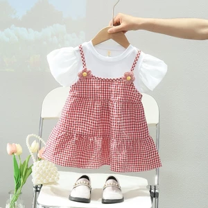 Váy bé gái giả yếm sọc caro nhỏ tay áo phồng xinh xắn D1098