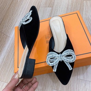 Sục mũi nhọn đính nơ đá pha lê , sandal quai hậu đế 3 phân Sang Trọng Thanh Lịch Linhl Shop mã 40