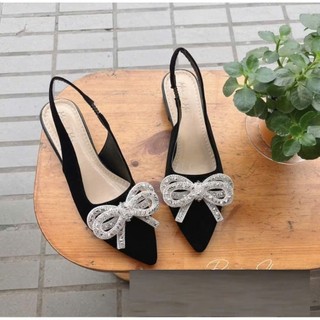 Sục mũi nhọn đính nơ đá pha lê , sandal quai hậu đế 3 phân Sang Trọng Thanh Lịch Linhl Shop mã 40