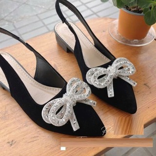Sục mũi nhọn đính nơ đá pha lê , sandal quai hậu đế 3 phân Sang Trọng Thanh Lịch Linhl Shop mã 40