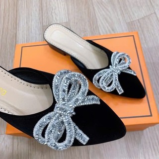 Sục mũi nhọn đính nơ đá pha lê , sandal quai hậu đế 3 phân Sang Trọng Thanh Lịch Linhl Shop mã 40
