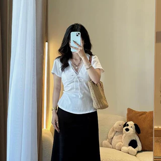 Áo Kiểu Linen Xinh Nữ Cổ V Phối Viền Ren Tay Ngắn Mùa Hè  Kimee - KA512