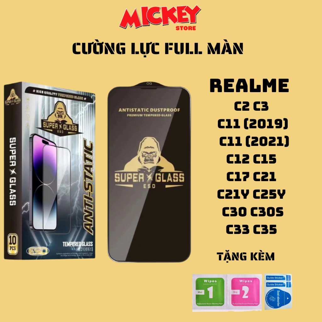 Kính cường lực full màn cho Realme C2 C3 C11 C12 C15 C17 C21Y C25Y C30 C30S C33 C35 cảm ứng mượt