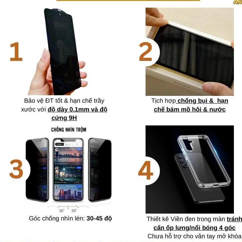 Kính cường lực chống nhìn trộm Xiaomi Redmi 9A 9C 9T 10A 10C 11T 11lite 12C 13C 14C hạn chế vân tay