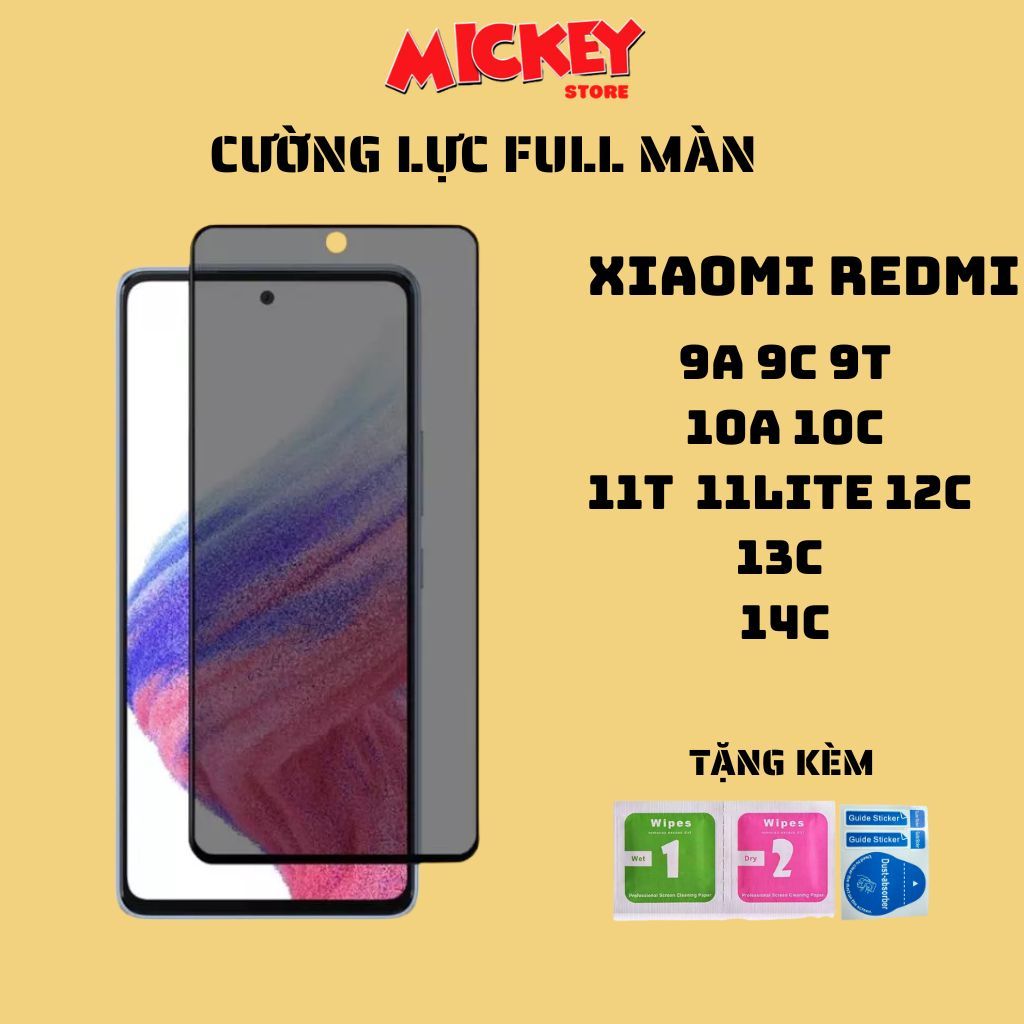 Kính cường lực chống nhìn trộm Xiaomi Redmi 9A 9C 9T 10A 10C 11T 11lite 12C 13C 14C hạn chế vân tay