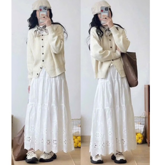 Chân Váy Midi Thêu Hoa 2Lớp Lưng Chun Dáng Xoè ,Chất Thô By.Thanhhuyen Clothing New2025