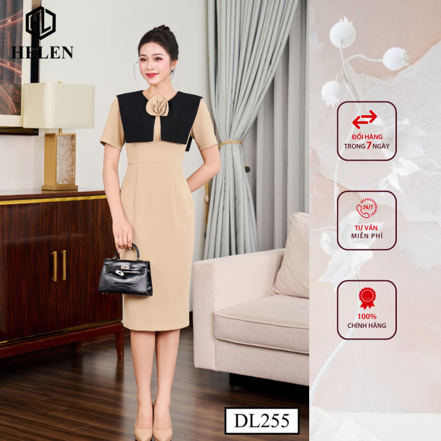 Đầm công sở HELEN thiết kế dáng ôm màu be phối tà đen DL255