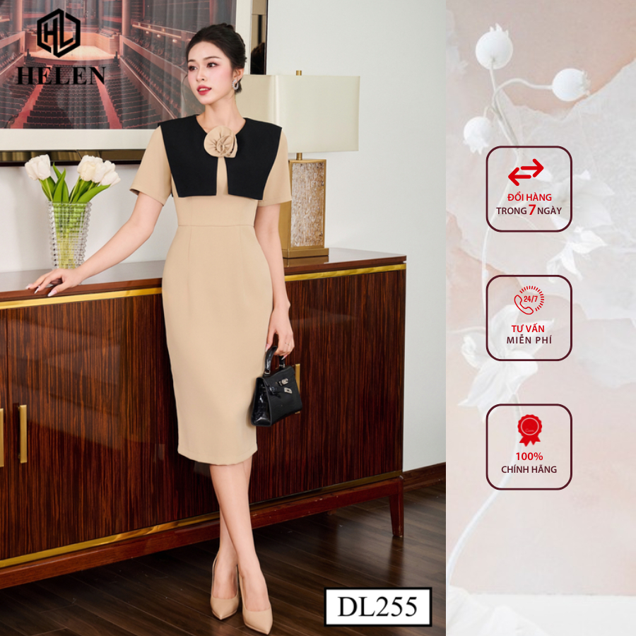 Đầm công sở HELEN thiết kế dáng ôm màu be phối tà đen DL255