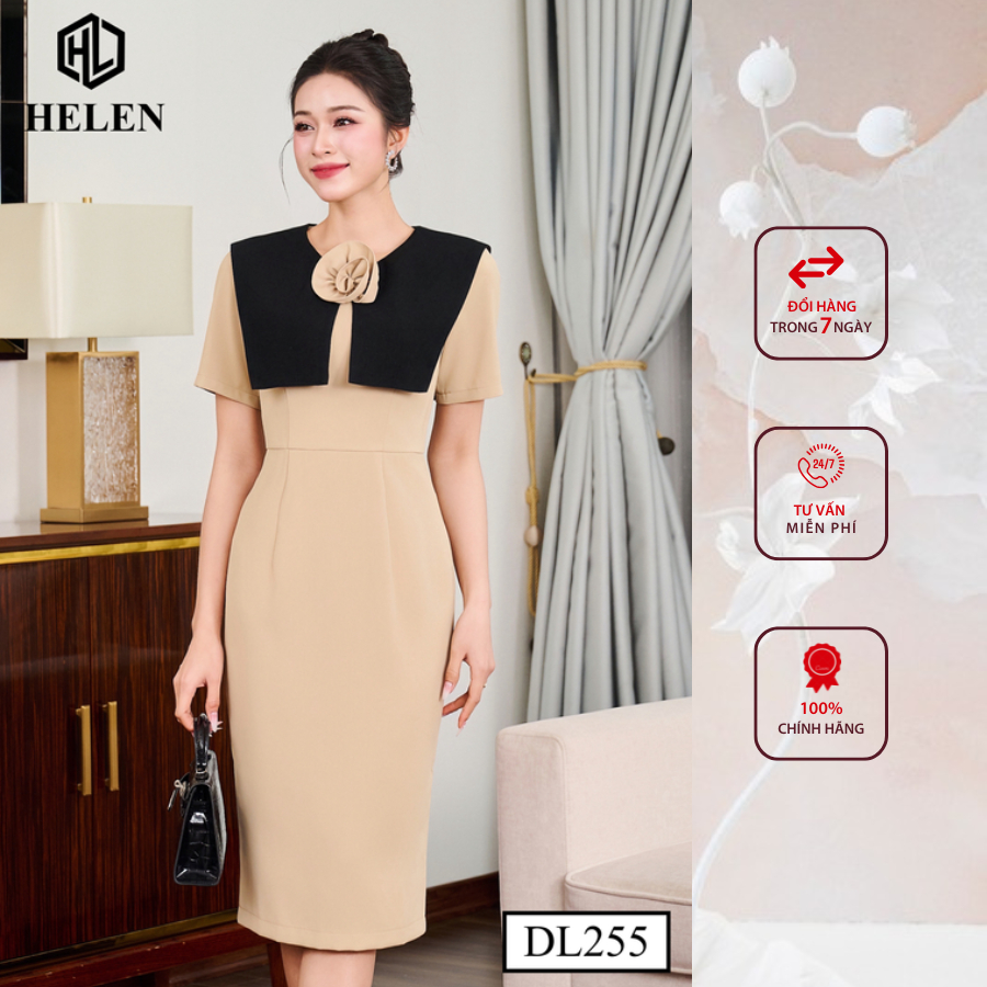 Đầm công sở HELEN thiết kế dáng ôm màu be phối tà đen DL255