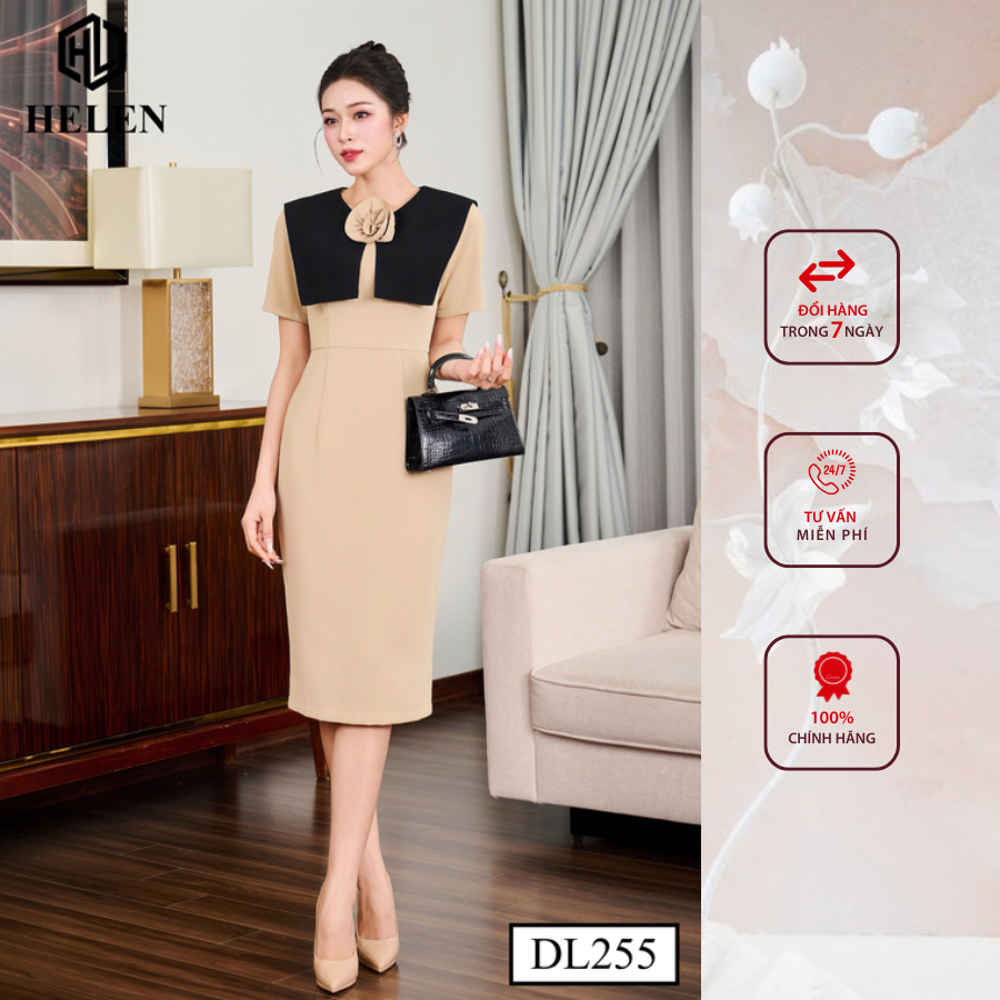 Đầm công sở HELEN thiết kế dáng ôm màu be phối tà đen DL255