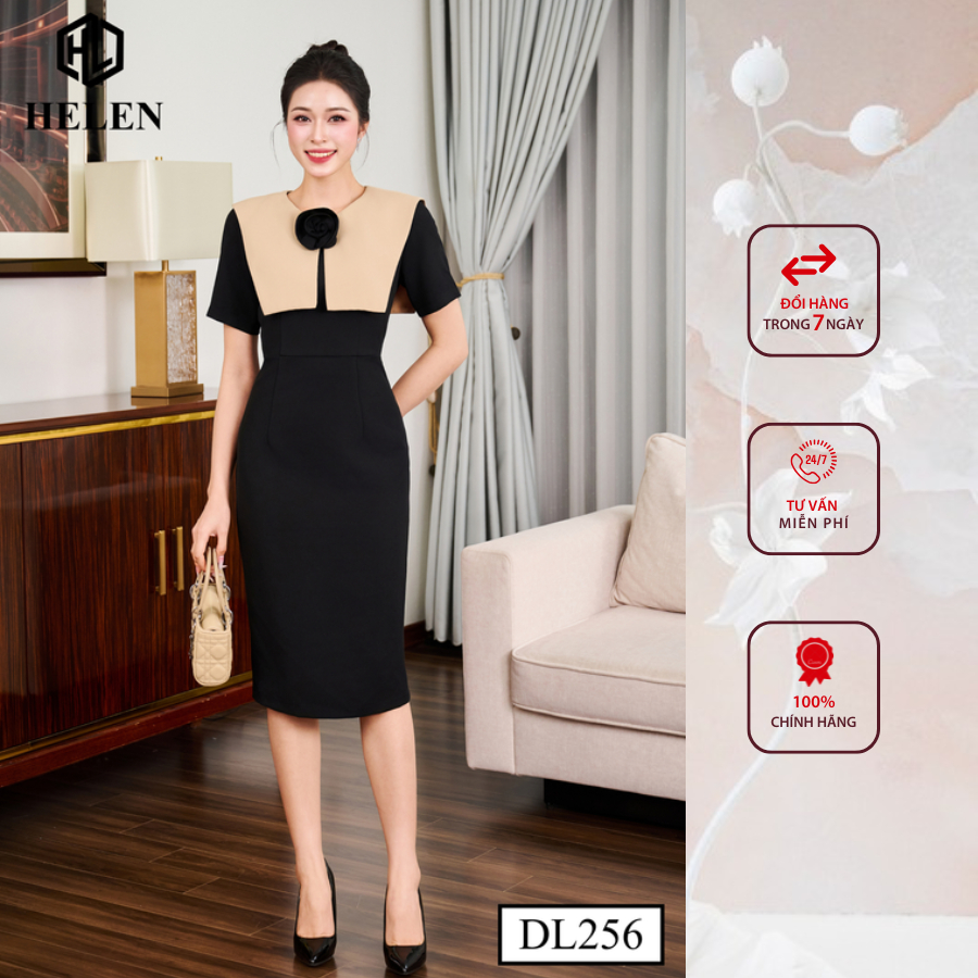 Đầm công sở HELEN thiết kế dáng ôm màu đen phối tà be DL256