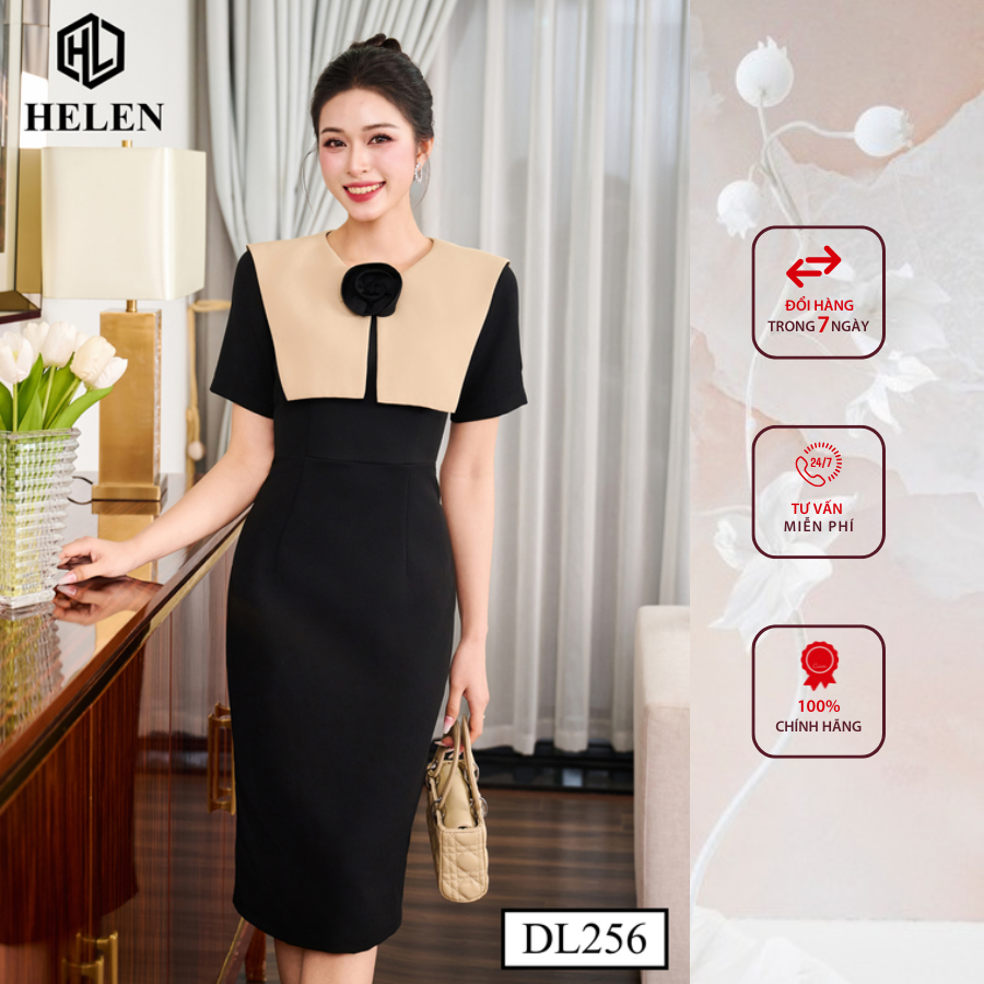 Đầm công sở HELEN thiết kế dáng ôm màu đen phối tà be DL256